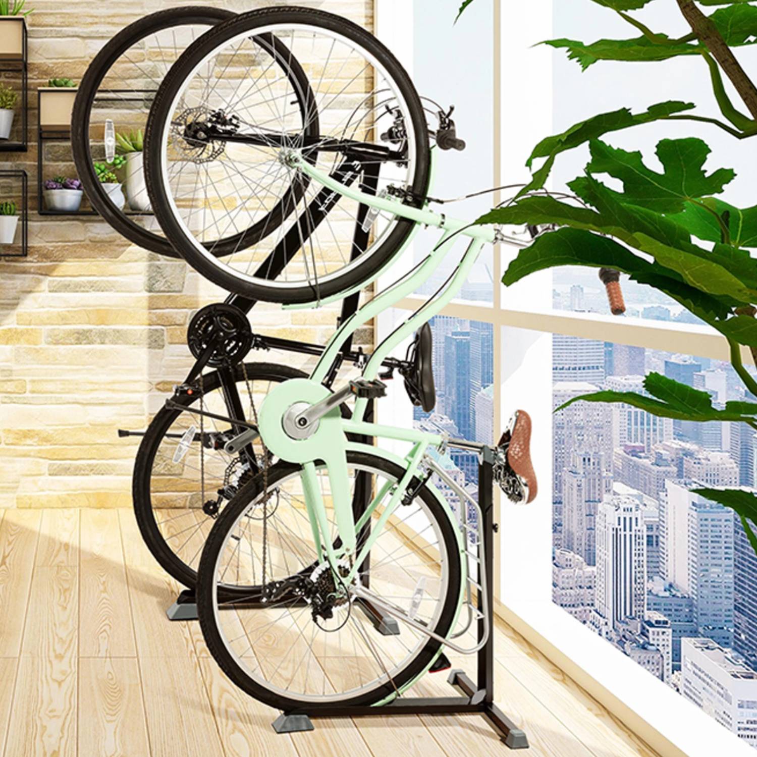 A freestanding bicycle floor stand on a hard floor