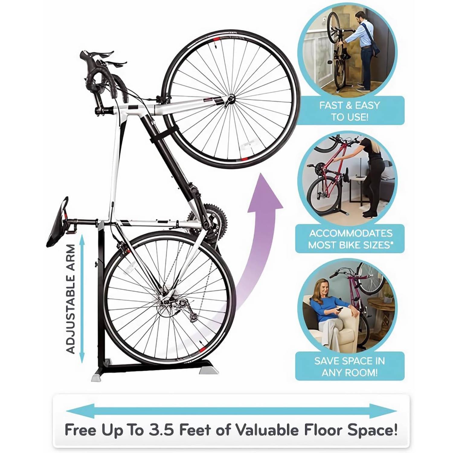 The upright arms of a bike stand holding a rear wheel
